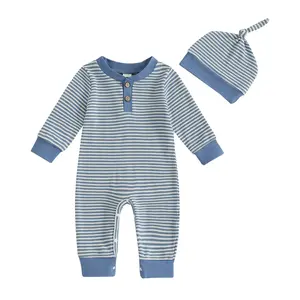 Infant Newborn Baby Boy Romper Stripe Print Solid Color Long Sleeve Jumpsuit with Hat 2 Pcs Fall Clothes Set