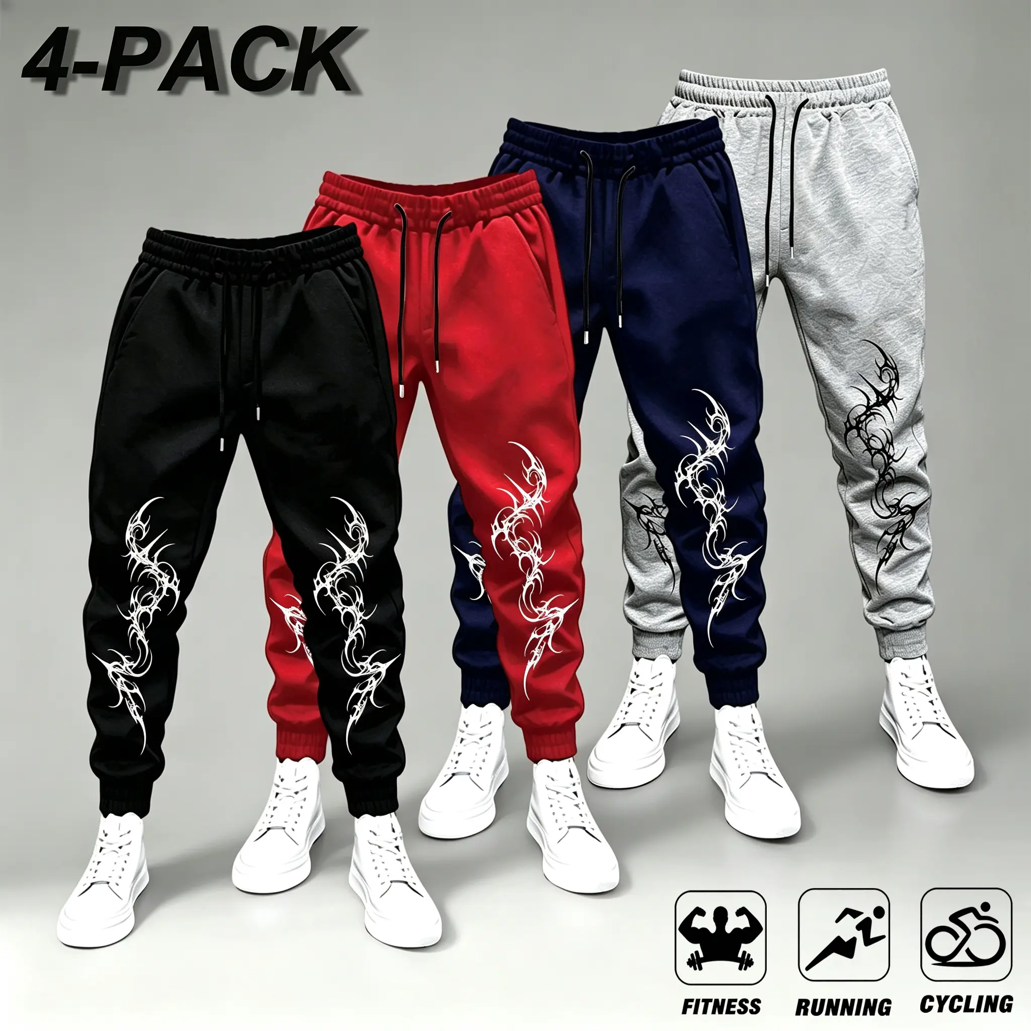 4-Pack Fitness Running Cycling Sweatpants with Tribal Design in Black Red Navy & Gray for Men,Dark Aesthetic Tribal Print Joggers Gothic Pattern Casual Sweatpants Unisex Hip Hop Streetwear Trousers