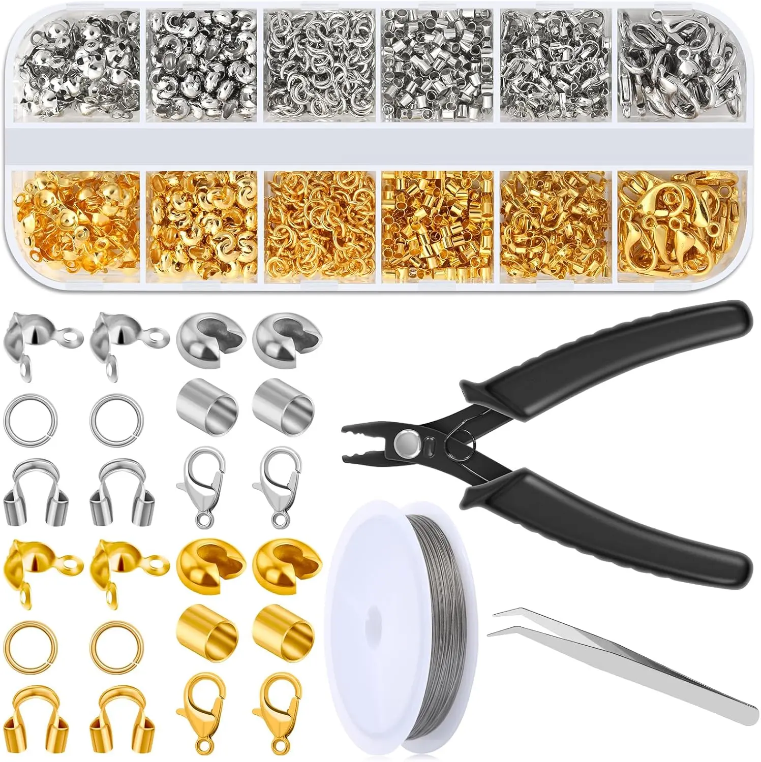 Halloween Gift  1200Pcs Jewelry Making Kit | Crimp Beads, Covers, Tubes, Clasps, Jump Rings, Wire Guardians & Beading Wire