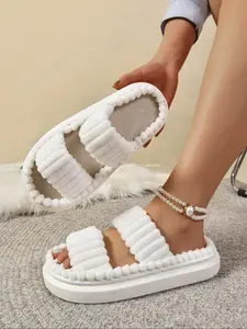 Women's Linen Open-Toe Thick Sole Slippers, Breathable, Eva Bottom, Casual Solid Color, Indoor Home Shoes, All Seasons, Fashion Style, Thick Sole Slides