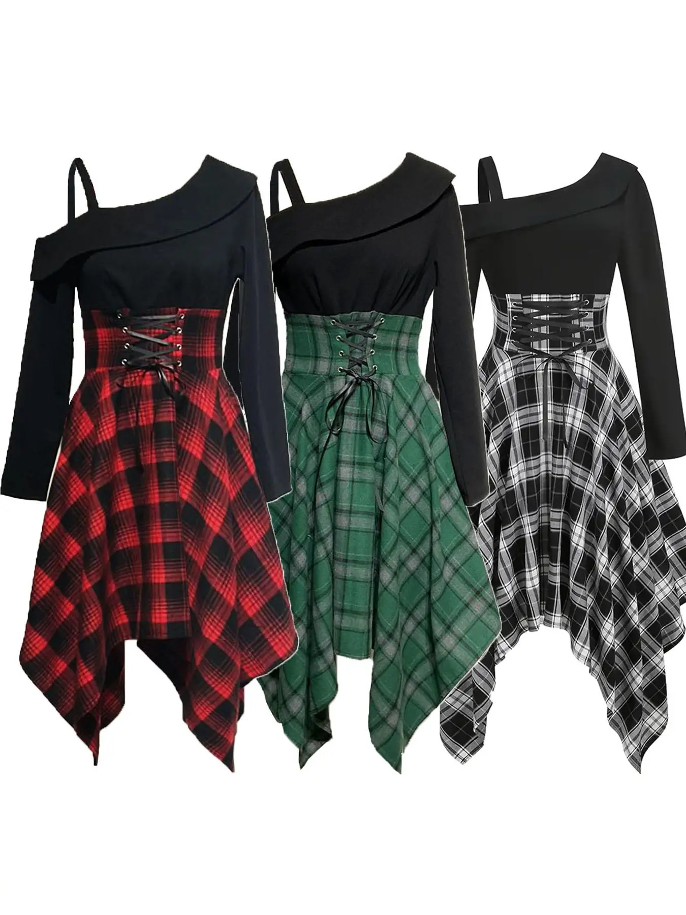 Women's Plaid Print Lace Up Asymmetrical Neck Dress, Elegant Classy Long  Sleeve Midi Dress for Spring & Fall, Women's Clothing for Daily Wear,  Womenswear - TikTok Shop