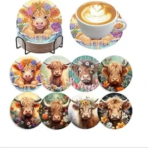 Highland Cow Coasters - Set of 8 Decorative Floral Design Drink Coasters for Tabletop Protection