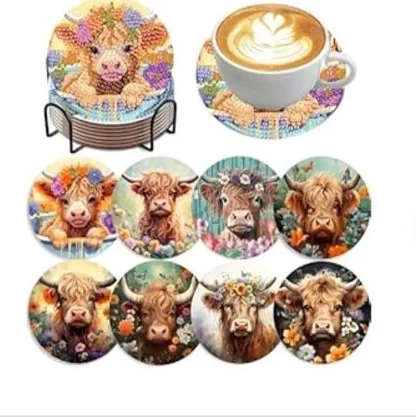 Highland Cow Coasters - Set of 8 Decorative Floral Design Drink Coasters for Tabletop Protection