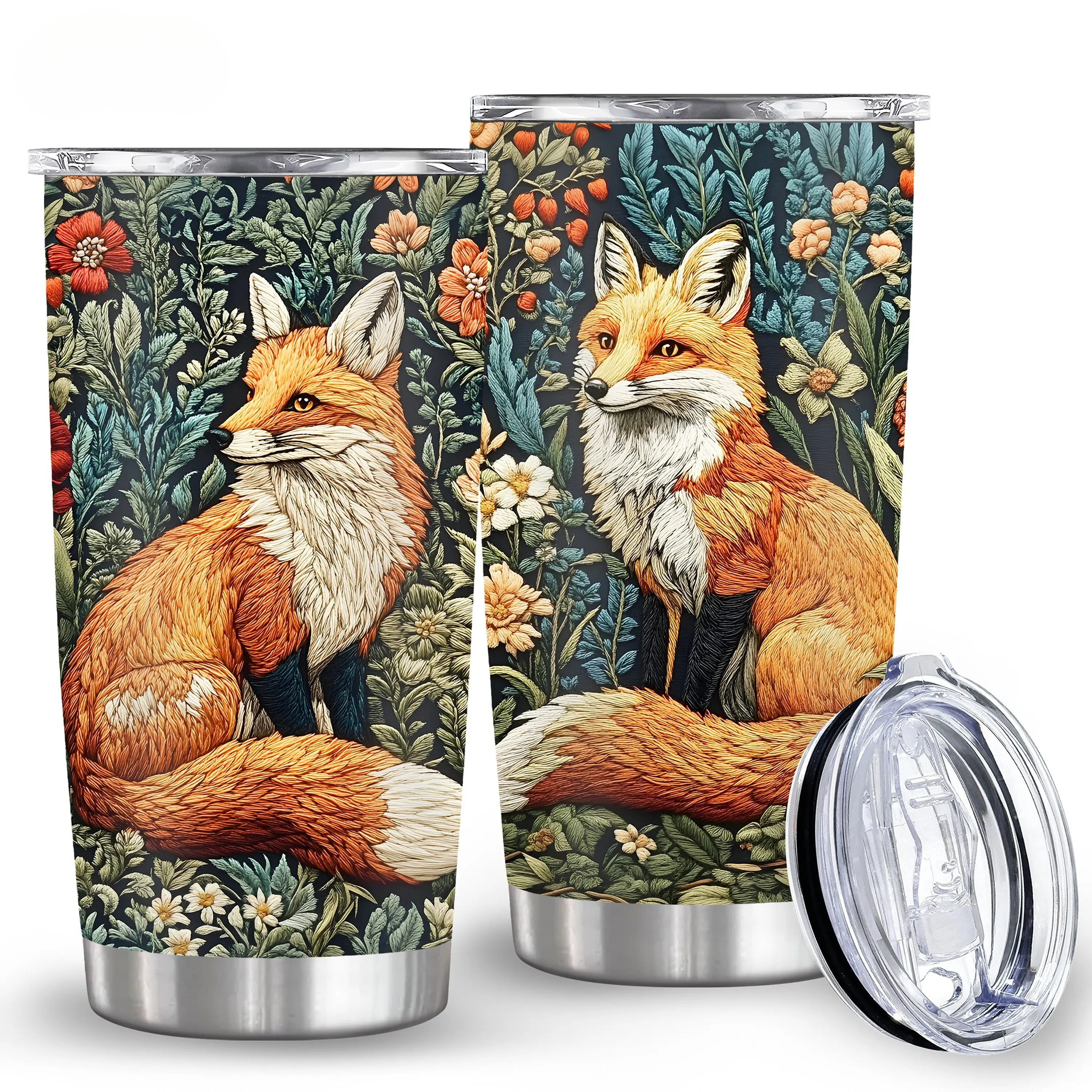 20oz 3D Fox Lid Stainless Steel Tumbler - Double-Wall Insulated Leak-Proof Coffee Cup, High-Quality Printing Animal-Themed Reusable Outdoor Drinkware, Ideal Gift for Fox Enthusiasts, for Camping & Indoor Use, Many Occasions, Animals, Heat Resistant, Campi