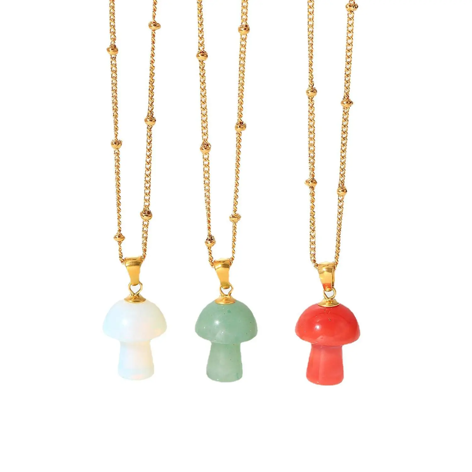 Boho Jewelry for Women - Ethereal Mushroom Crystal Pendant Necklace - Natural Stone - 18K Gold Plated Stainless Steel
