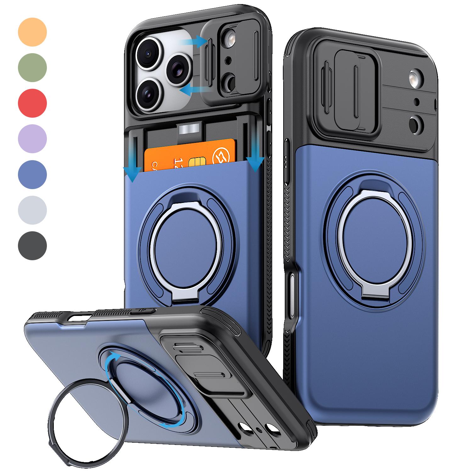 OREKROY For iPhone 17 Pro Max 17 Pro 17E Card Holder Wallet Case with Camera Lens Cover, 360° Rotating Ring Kickstand, Hybrid Dual-Layer Heavy Duty Shockproof Phone Cover for iPhone 12/13/14/15/16/17 Pro Max Plus,back to school,back to school haul