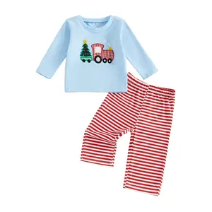Kids Toddler Baby Christmas Outfits Tree Car Embroidery Long Sleeve Round Neck Pullover + Elastic Waist Plaid Pants