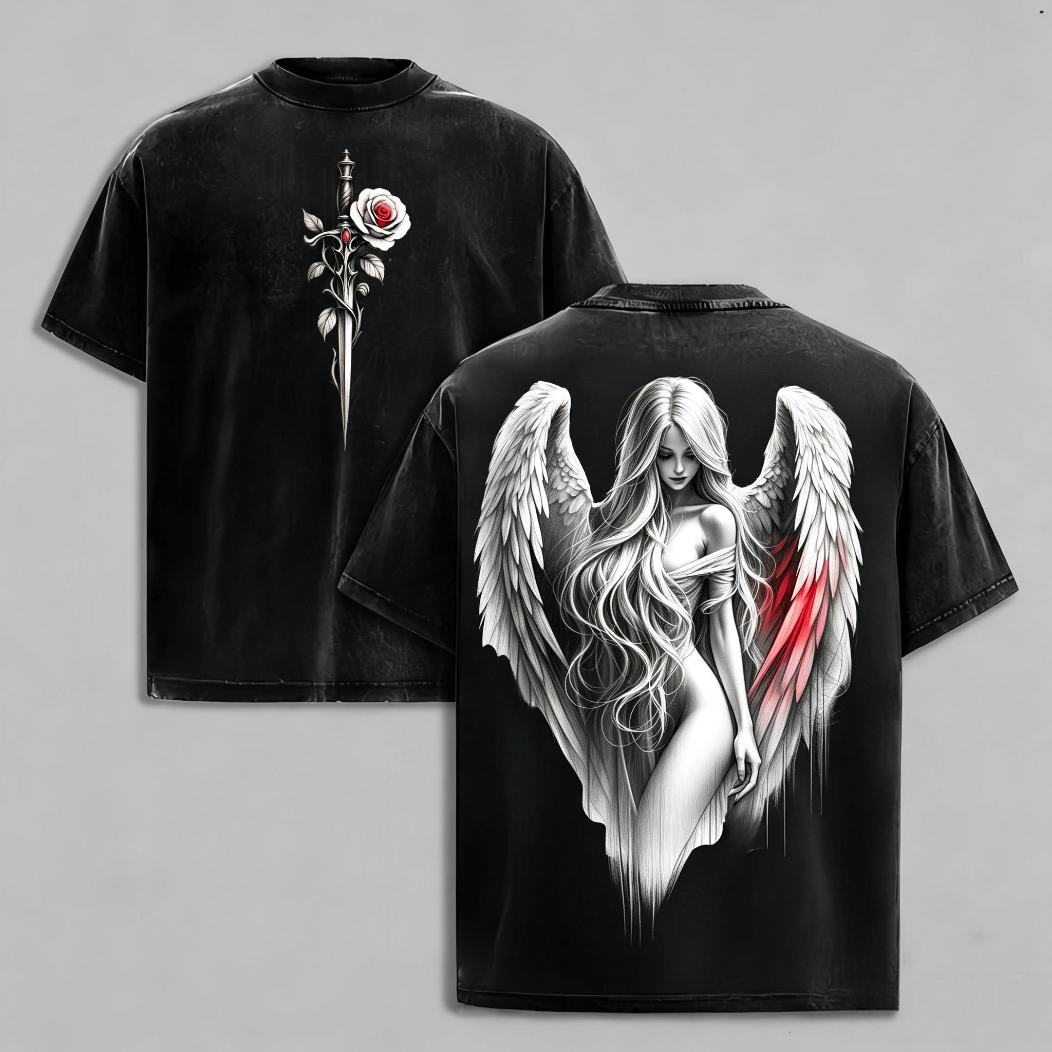 Men's Oversized Round Neck Short-Sleeve Loose T-Shirt - Menswear, Casual Machine Washable Grunge Dark Angel Graphic Top with Gothic Sword & Rose Print, Vintage Washed Black Edgy Streetwear Tee for Father's Day, Aesthetic