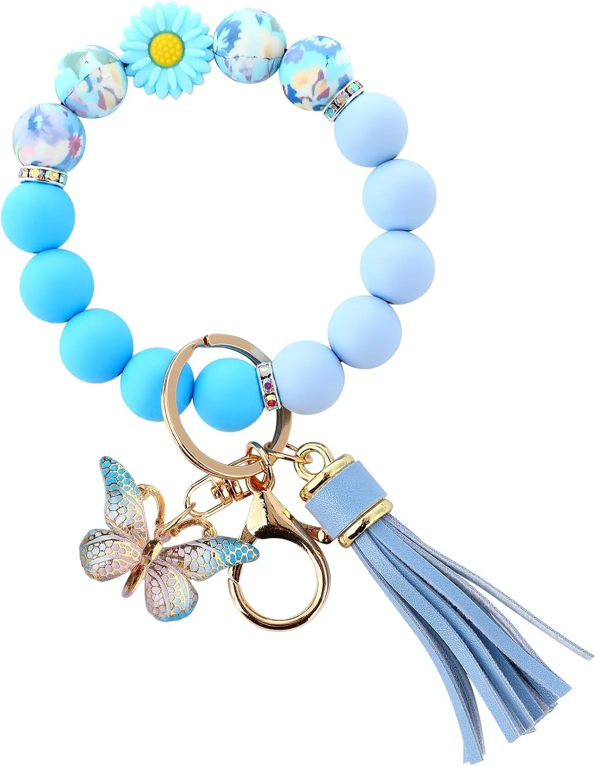 Cute Silicone Beaded Keychain，Key Chain Holder for Car Keys Women Girl，Daisy Silicone Key Wristlet Resin Butterfly