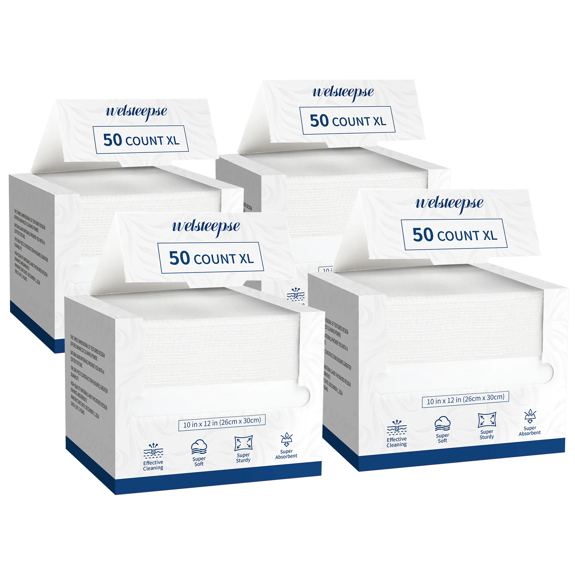 WELSTEEPSE Disposable XL Cleansing Wipes (Towel, Facial Care Tools) - Hypoallergenic, Ultra Soft, Gentle, Unscented, Eco-Friendly Biobased, Handy 50-Count Multi-Pack (10in x 12in) for Sensitive Skin Daily Use