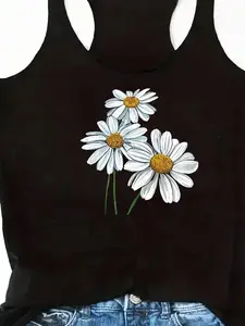 Women's Daisy Print Round Neck Sleeveless Top, Casual Fitted Tank Top, Letter Pattern, No Button, Non-Full Placket, Without Zipper