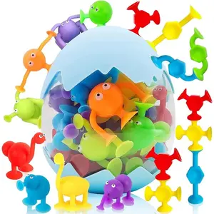 27pcs Suction Cup Toys Kids Bath Toy, Portable Geometry and Animals, Silicone Sucker Building Toy, Party Favor Goody Prize Filler Stuffer Gift for 3 4 5 6 Year Old Boy Girl Travel Sensory Fidget Window Water Table Toy with Eggshell Storage