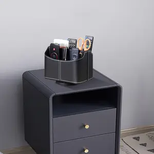 PU Leather Multifunctional Desktop Organization - 360° Swivel Remote Control Holder with 5 Compartments - Storage Box/Remotes Caddy/Makeup Organizer Basket - for TV Controllers, Mobile Phones,