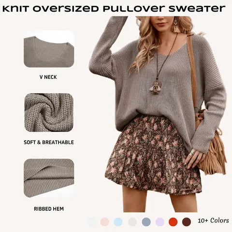 FMEYOA Casual Women's V Neck Long Sleeve Knit Loose Oversized Pullover Comfy Sweater Top