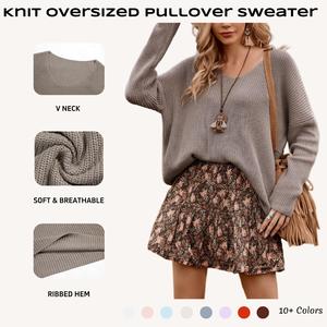 FMEYOA Casual Women's V Neck Long Sleeve Knit Loose Oversized Pullover Comfy Sweater Top