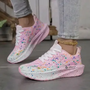 Lightweight Splatter Paint Running Shoes for Women - Comfortable Cushioned Thick Sole Walking Sneakers, Breathable Mesh Art Pattern Fitness Trainers