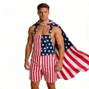 4th of July American Flag Denim Short Overalls, Mens Womens Stretch Coveralls, Breathable Patriotic Romper for BBQ, Hiking, Beach, National Day Festival, Casual Summer Fashion