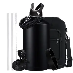 128/87/64 oz Insulated Water Bottle Stainless Steel - Gallon Water Bottle with Straw, Half Gallon Water Jug Wide Mouth, Sweat-Proof Metal Flask Mug with Paracord Handle For Gym Camping Hiking