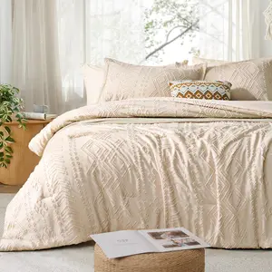 7 Pieces Tufted Boho Comforter Set Khaki Farmhouse Embroidered Bedding for All Full Size with Comforter Sheets Pillowcases Shams