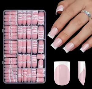 300Pcs Sharp Square French Tip Press On Nails-Anyos Gel Nail Tips Short,No File Need Tips Pre-Designed,Fake Nails for Nail Art DIY 15Sizes(Pink)