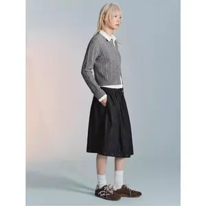 URBAN REVIVO 2026 Spring New Women's Embroidered Tie-Waist Contrast-Color Patchwork Ruffle Detail Mini Denim Skirt (UYU860009) - Cotton-Polyester Fit Bottoms, Hip-Flattering Design, Women's Clothes