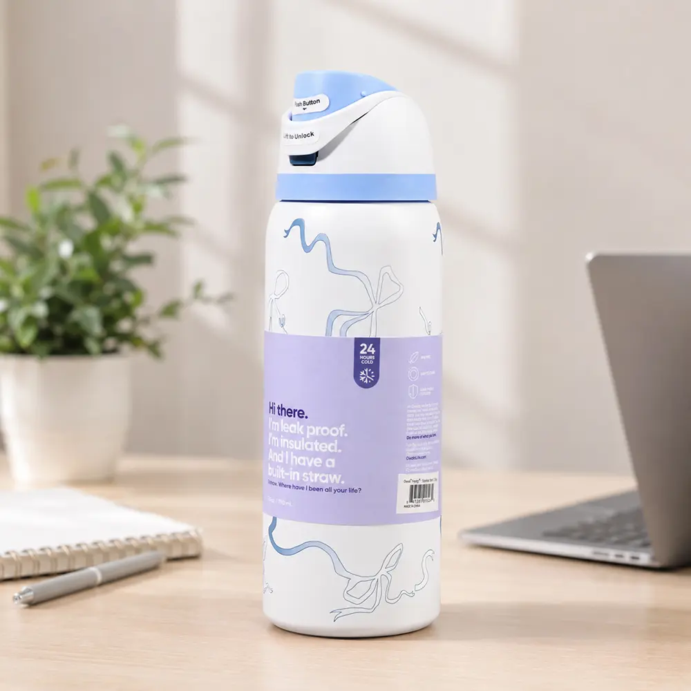 Owala Pastel Blue Ribbon & Bow Print Water Bottle with Push-Button Flip Lid – Cute Minimalist Reusable Travel Bottle for Women & Teens, School, Gym, Work & Daily Use