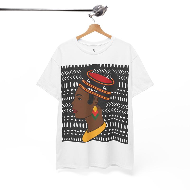 African Lady in Bamenda Bamileke Hat Unisex Tee, Ethnic Mudcloth T-Shirt, Black Boho Shirt, Festival Clothing, Afrocentric Top