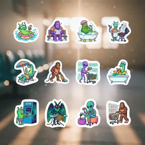 Alien Cryptid Monster Vinyl Stickers, Cartoon Chores Decals (12 Pack)