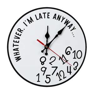 10 Inch | Funny "Whatever, I'm Late Anyway" Wall Clock - Sarcastic Late Anyway - Quirky Jumbled Number Silent Decor Clock