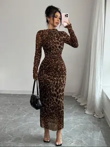 Women's Elegant Leopard Print Mesh Ruched Tight Dress, Long Sleeve, Stylish Summer Fashion, Perfect for Parties and Daily Wear, Womenswear
