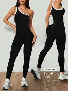 Women's Colorblock Sleeveless Knit Yoga Jumpsuit, Sporty Comfy Jumpsuit, Casual Fashion Sportswear, Spring Summer Home Commute Wear, All Seasons Suitable, Tight Fitting Jumpsuit, Sleeveless Yoga Jumpsuits, Yoga Workout Jumpsuits