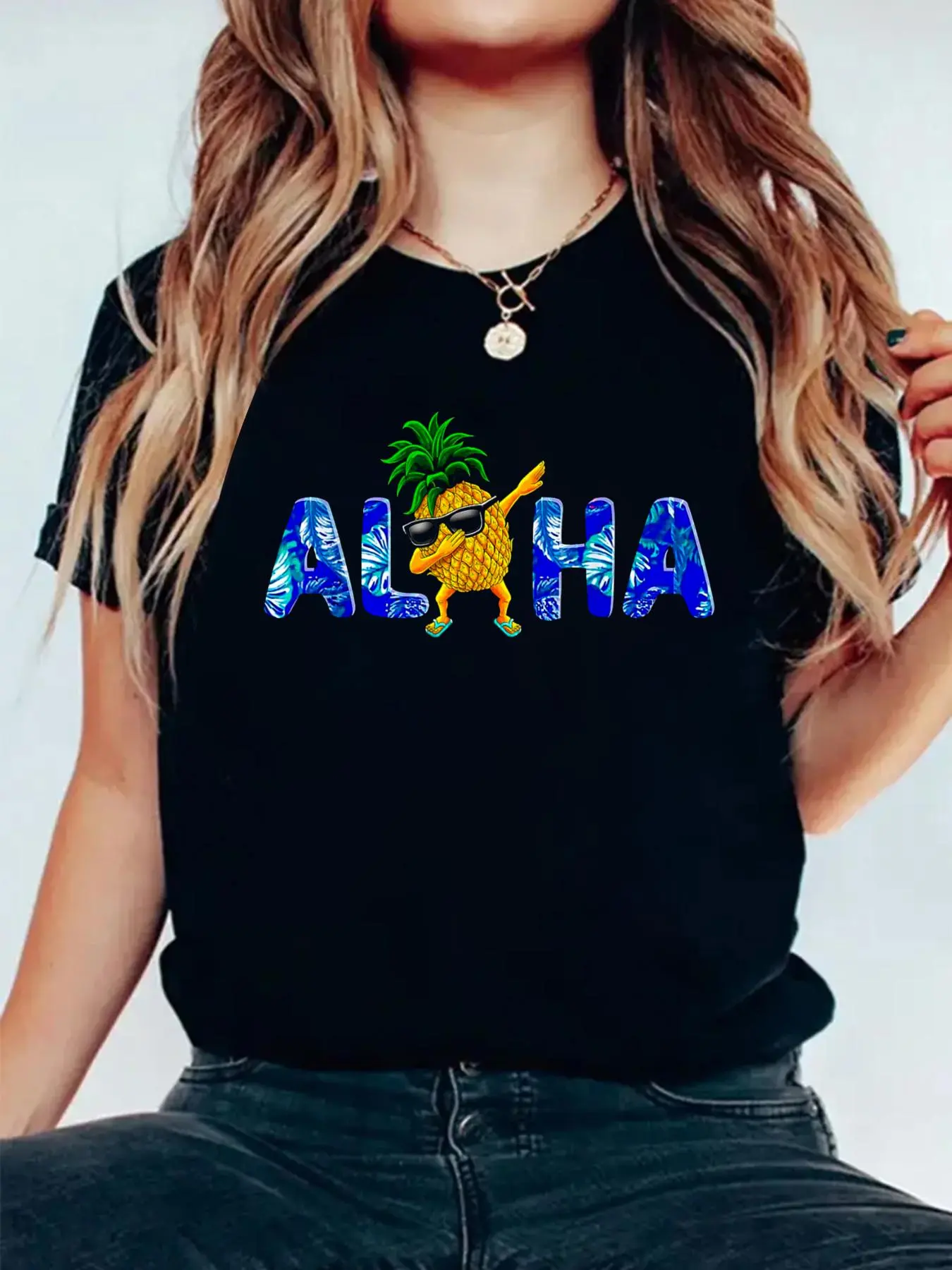 100% Cotton Tshirts Aloha Dabbing Pineapple Sunglasses Beaches Hawaii Hawaiian T-Shirt Casual Print Short Sleeve White T Shirt Graphic Tees Women Tops