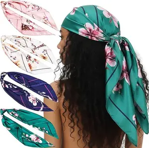 4 Pack 35" Large Square Satin Head Scarf Silk Scarf Hair Accessories Classic Patterned Squares Beach Bandanas for Women
