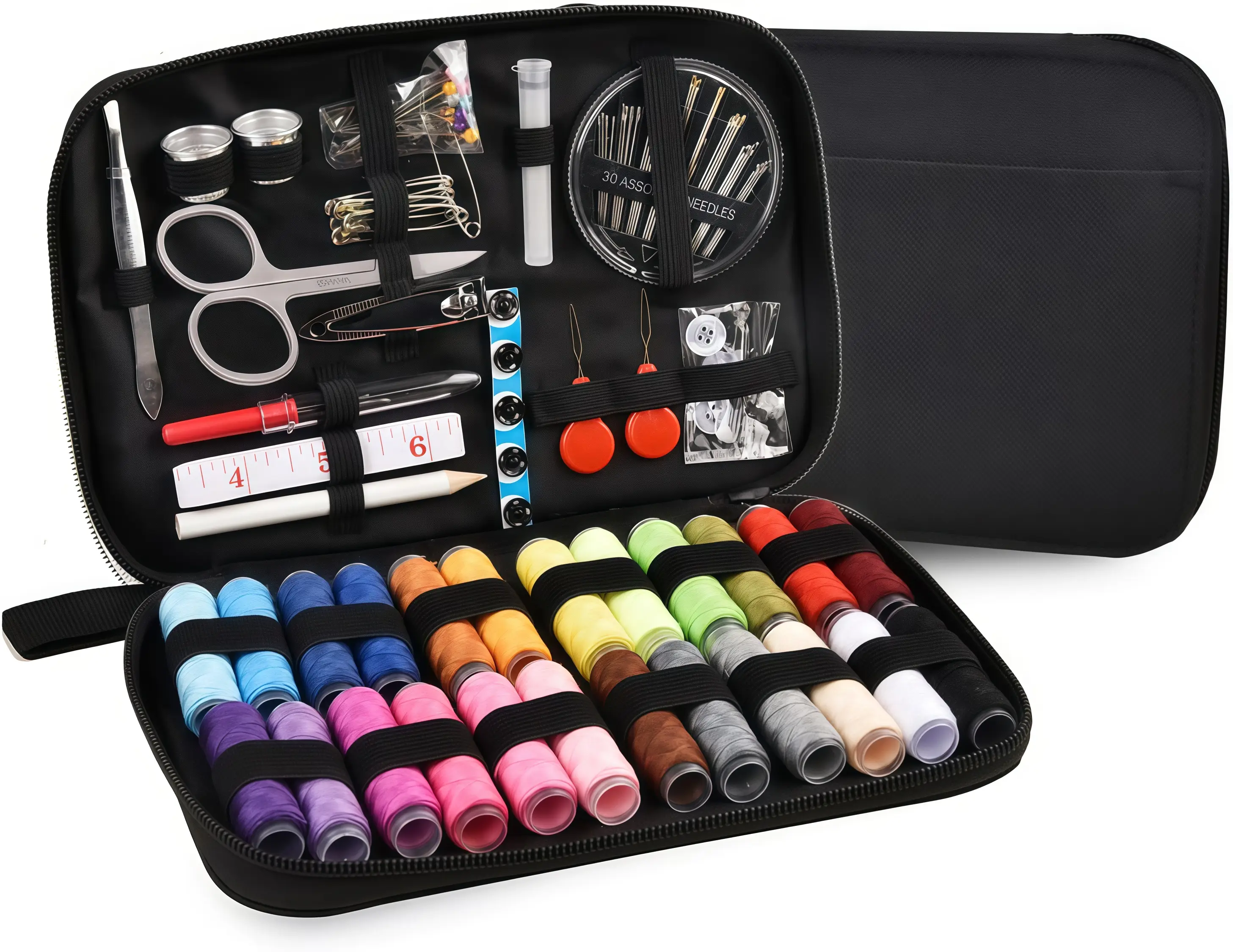 Thread Sewing Kit - 24 Pcs Thread Sewing Supplies, Spools, Needles & Scissors in Black Storage Bag for Beginners, Emergencies & Campers