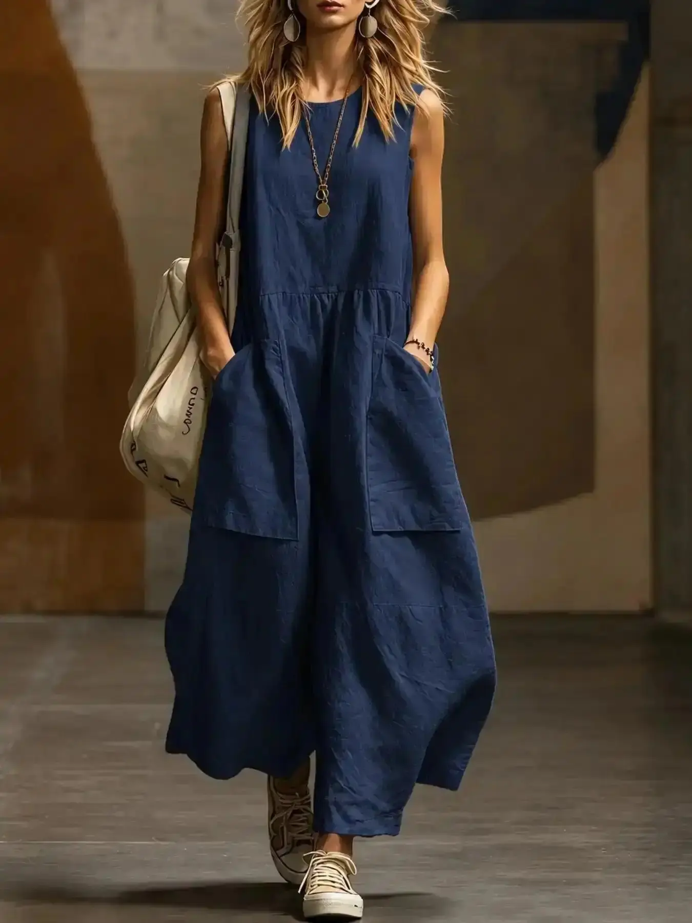 Stylish 2026 Women's Loose Fit Linen Dress Sleeveless 3D Pockets Casual Breathable Lightweight Summer for Daily Wear Office Commute Vacation Brunch Outdoor Weekend, Contemporary, Street Style, Travel Outfit, Contemporary