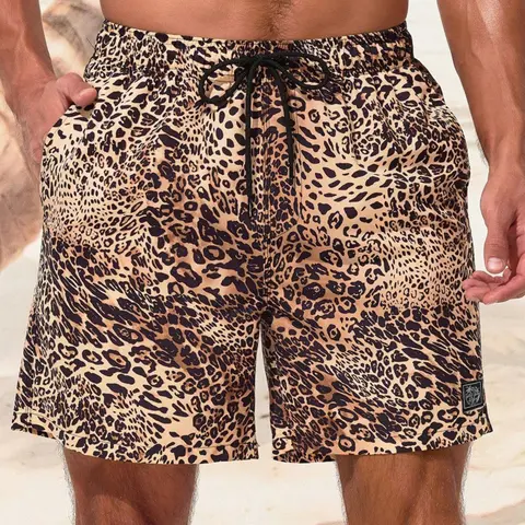 Men's Regular Fit Leopard Print Shorts, Casual Comfy Breathable Drawstring Swim Shorts for Summer, Men's Shorts for Beach Vacation
