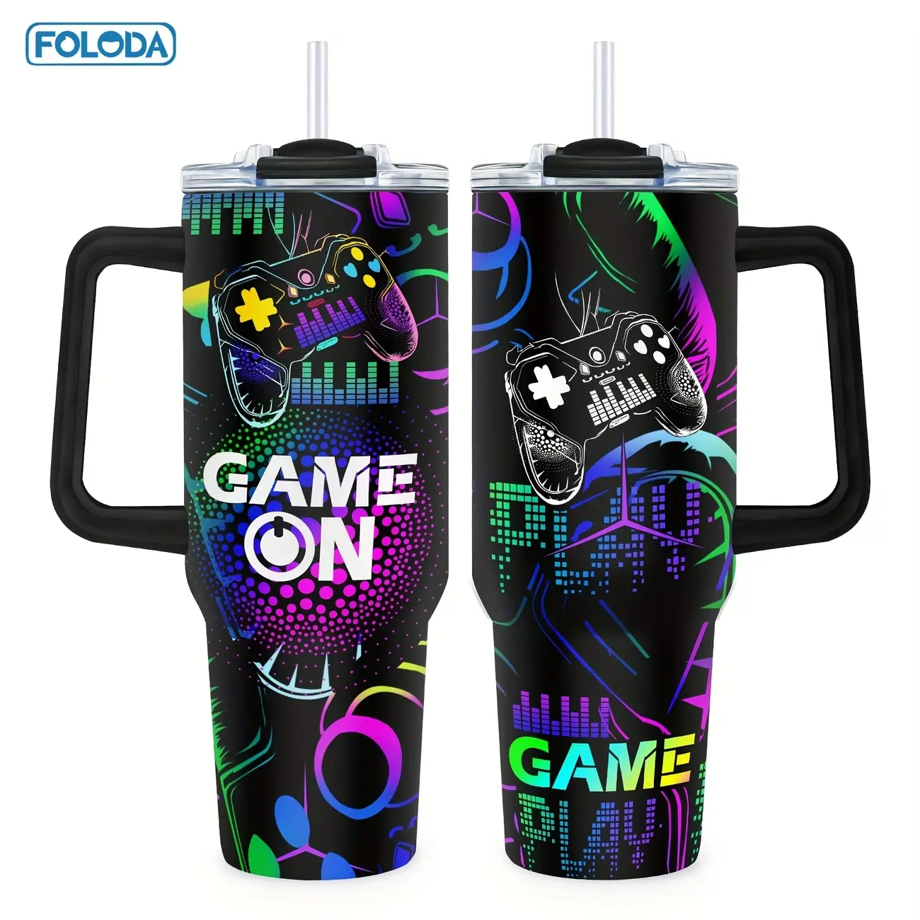 Game Tumbler Insulated Stainless Steel 40oz with Lid Handle Straw Coffee Mug-Travel Cups Gifts for Gamer Men Teenagers Friends Game Lover for Christmas Birthday Valentine's Day Best Exquisite Art Gifts Outdoor-Office-Keep Drink Hot&Cold