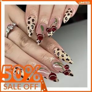 24 Pcs French Tip Press on Nails Medium Almond Fake Nails with 3D Cherry Designs Full Cover Leopard Print False Nails Glossy Glue on Nails Reusable French Acrylic Nails for Women Girls Nail Supplies