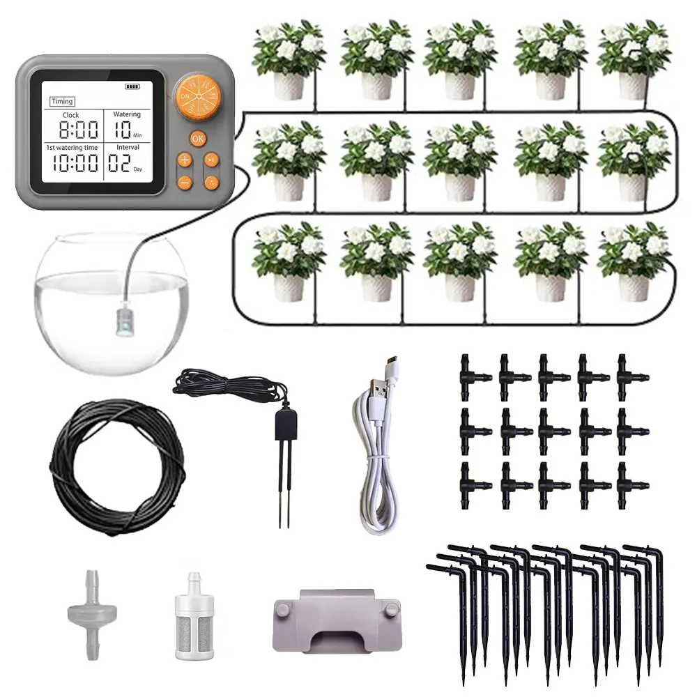 Automatic Garden Watering System Kit for 15 Potted Plants - Dual Zoned Custom Watering, Adjustable Programs, 3 Power Levels, 2000mAh Batteries, Check Valve, 2-in-1 Spray & Drip Emitters (15), 33FT Hose for Indoor Garden#SummerWins#BackToSchoolDeal, Kit In