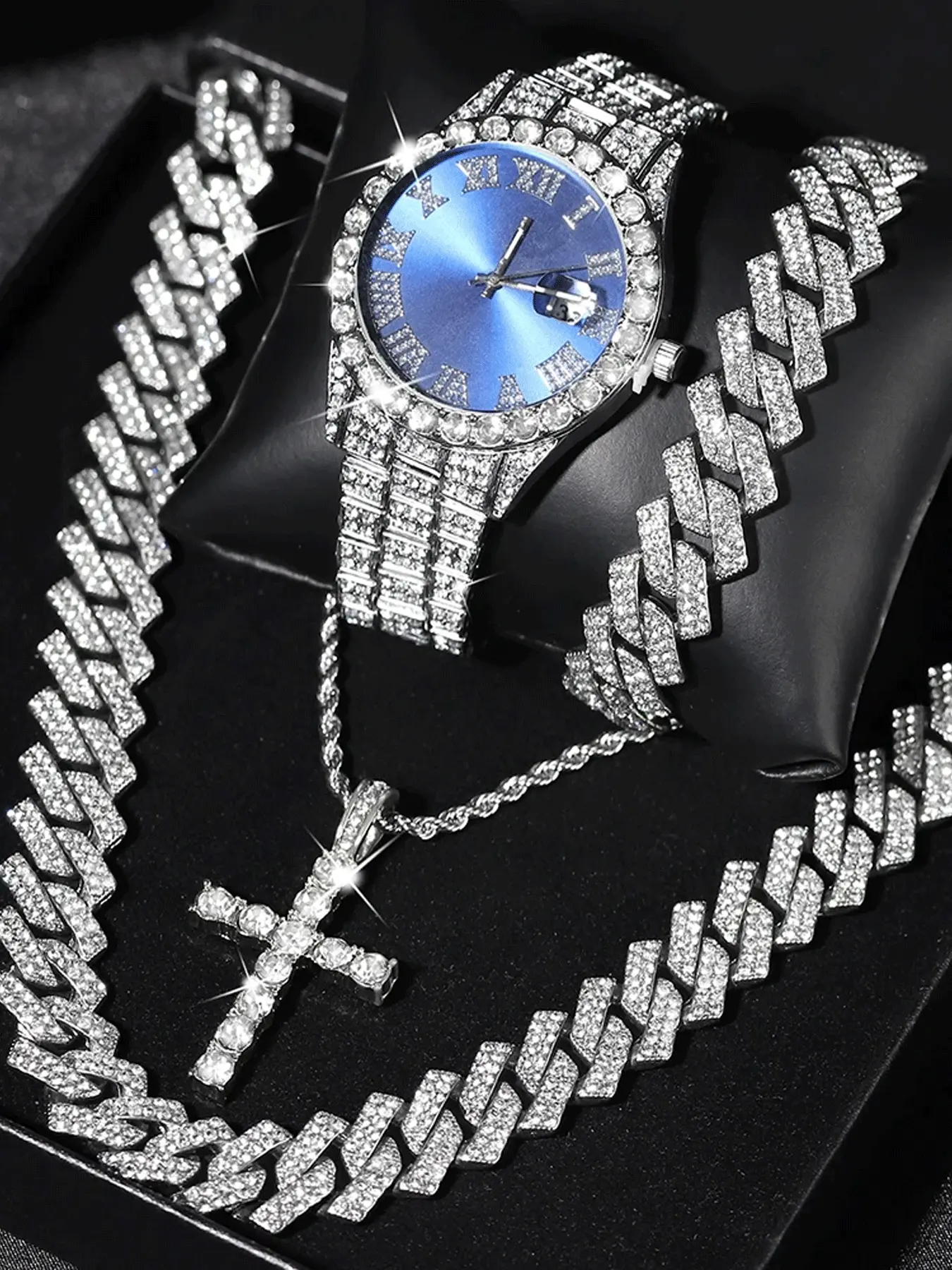 Quartz Jewelry Watch Set Gift Box Cuban Necklace Classic Cross Bracelet Full Diamond Luxury Brilliant Watch Gift Giving Hip Chain Festival Elegant Jewelry Set