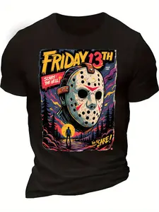 Plus-size men's retro Friday the 13th themed printed T-shirt - Black base with colorful horror elements: hockey mask, eye-catching text and scene background - Patterned short-sleeved shirt, quirky clothing, 90s retro menswear, suitable for outings.