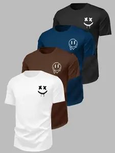 Men's Patterned T-Shirt Set 4 Pieces, Fun Smiley Print, Street Casual Style, Long Fitted Design, Youth Fashion Daily Wear, Streetwear