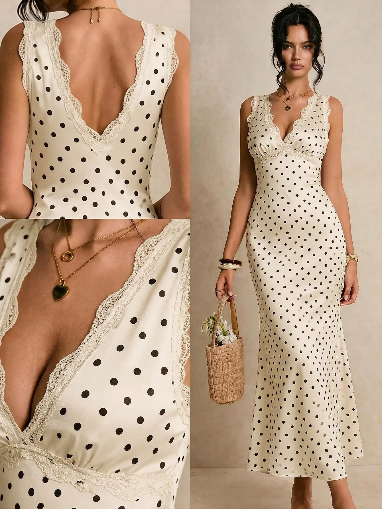 VYNCE Vintage Maxi Dress 1920s Style Women's Contrast Lace Brown White Polka Dot Sleeveless Elegant Summer Holiday Vacation Wear