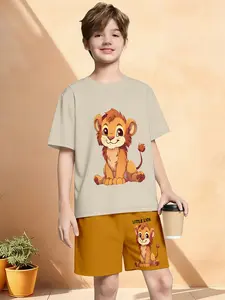 Boys Lion King Simba Cartoon Full-Print Top & Shorts Set, Casual Fitted, All Seasons Wear, Perfect for Outdoor Activities