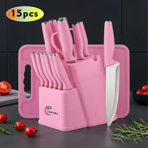 15 pcs forging kitchenknife holder set, kitchenscissors, with built-in sharpening tool-including bone chopper, bread knife, steak knife, scissors, can cut meat, fruits &vegetables, durable cuttingboardsuitable for Christmas, birthday, anniversary gift set