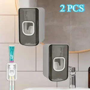 2 Pcs Toothbrush Storage Box Wall-mounted Toothbrush Holder Gray Toothbrush Storage Box Automatic Squeezing Toothpaste Holder 2-slot Toothbrush Holder and Toothpaste Dispenser 2 in 1 Toothbrush and Toothpaste Storage Box Bathroom Supplies Pack summervibes