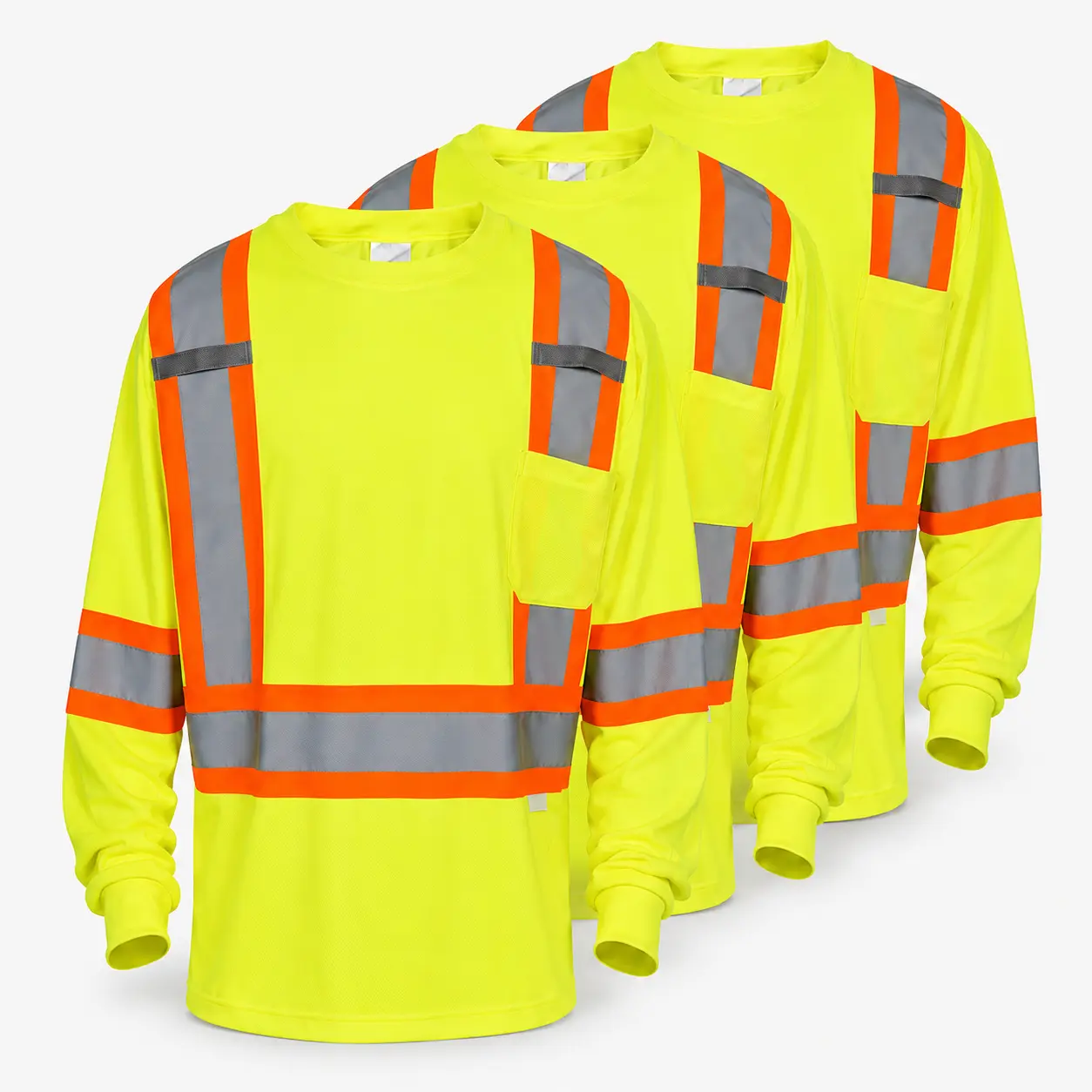 Pomerol Men's High Visibility Long Sleeve Reflective Work Shirt, Lightweight Breathable Outdoor Workwear with Chest Pocket, Reflective Strips for Construction, Warehouse, Delivery, Yard Work & Night Work, Neon Yellow, 1/3-Pack