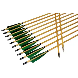 12PK 32 inch Traditional Wooden Handmade Shaft Arrows with Green Shield Turkey Feather, Practice Hunting Archery Arrows for Recurve Longbow