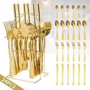 Gold Cutlery Set 24-Piece – Stainless Steel Utensil Set with Hanging Stand, Service for 6, Modern Fork Knife Spoon Set, Dishwasher Safe