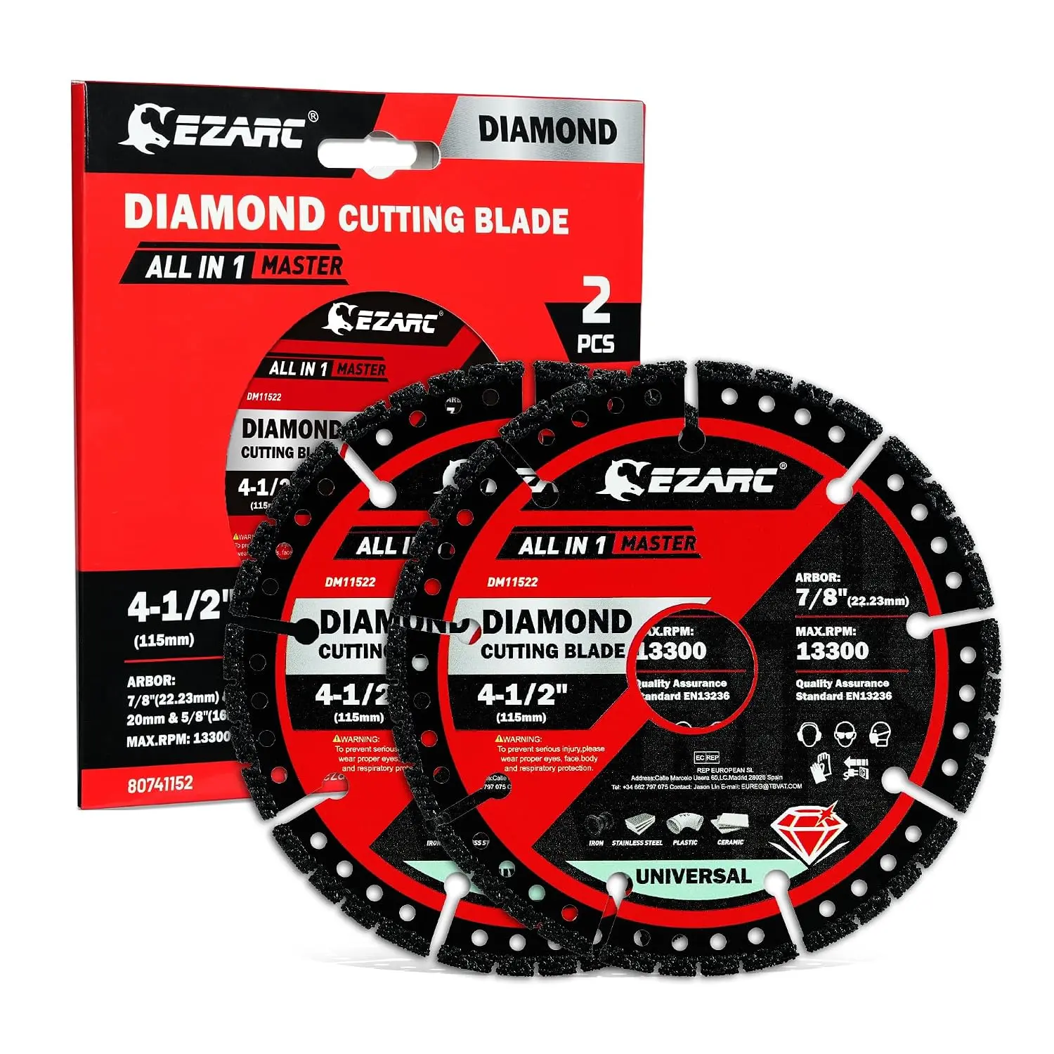 EZARC 4.5" Multi Purpose Diamond Saw Blade 2 Pack for Angle Grinder, Cuts Metal, Tile, Concrete, Plastic & More, Durable Diamond Cutting Wheel with Heat Dissipation, Fast Smooth Cuts, Long Lasting Blade Up to 13300 RPM, Angle Grinders Attachments, Adapter